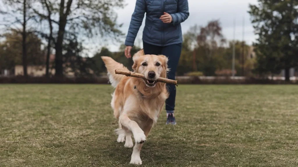 Dog and owner bonding through play and affection.
